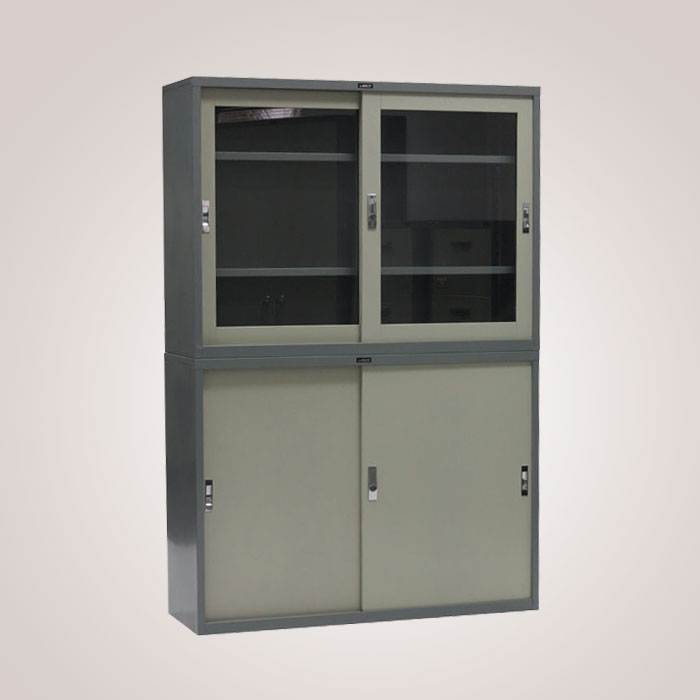 SLG+SLS304 Steel Cabinet With Glass and Steel Sliding Door (W1185xD407xH1760mm). Brand: LEECO. Made In Thailand.