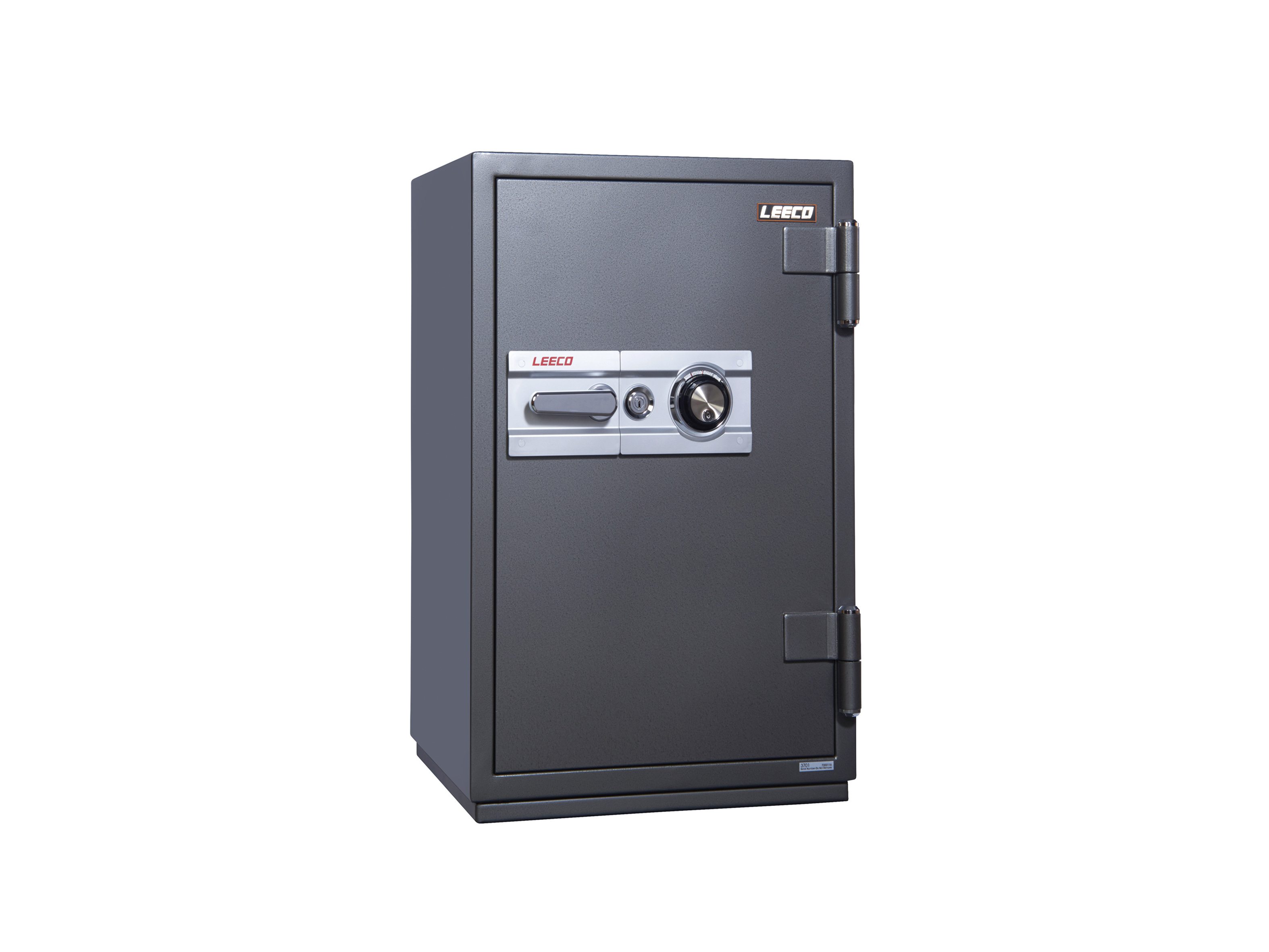 3702 Dial Combination Lock Fire Resistant Safe 250kgs, 2 shelves and 1 drawer with key. Fire Resistant rate: 1010ºc/2Hour (W590xD592xH1230mm). Brand: LEECO. Made in Thailand